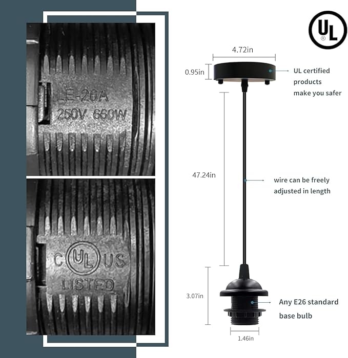 Industrial Mini Pendant Light Kit, Edison Retro Pendant, UL E26 Lamp Socket Vintage Pendant Light Cord, Mini Ceiling Hanging Light Fixtures, Adjustable Hanging Light Kit for Kitchen（Black）