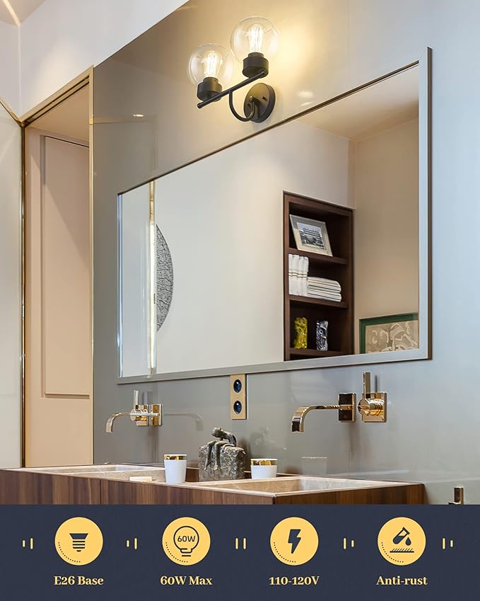 EAPUDUN 2-Light Matte Black Bathroom Light Fixtures Over Mirror, Vanity Lights for Bathroom with Clear Glass Shades, Industrial wall sconces, WLA1434-BK