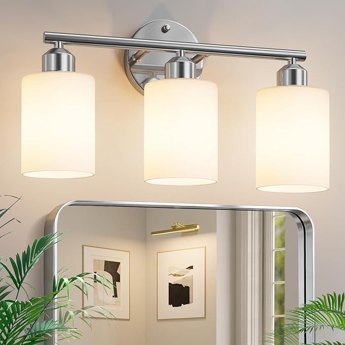 3-Light Bathroom Vanity Light Fixtures, Modern Wall Lamp for Mirror with Clear Opal Glass Shade, Silver Finish