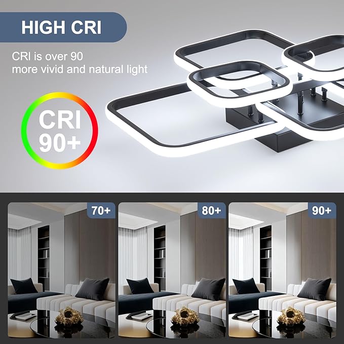 31.5" Modern LED Ceiling Light 6-Square Dimmable Ceiling Light Fixtures with Remote 3000K-6000K Black Close to Ceilings Lamp 60W for Living Room, Bedroom