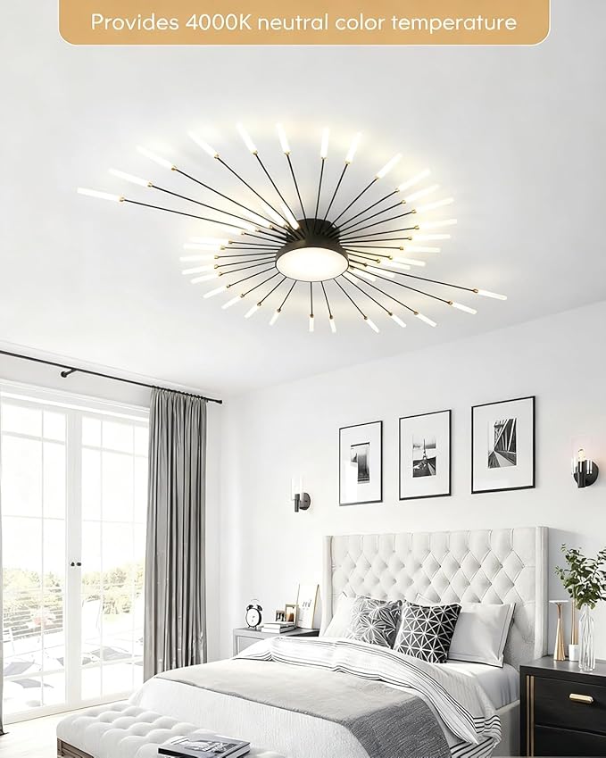 51 Inch Modern LED Ceiling Light 42+1 Lights Ceiling lamp Flush Mount Chandelier Black Interior Lighting for Living Room Dining Room Bedroom 4000K Fireworks Decoration Close to Ceiling Light