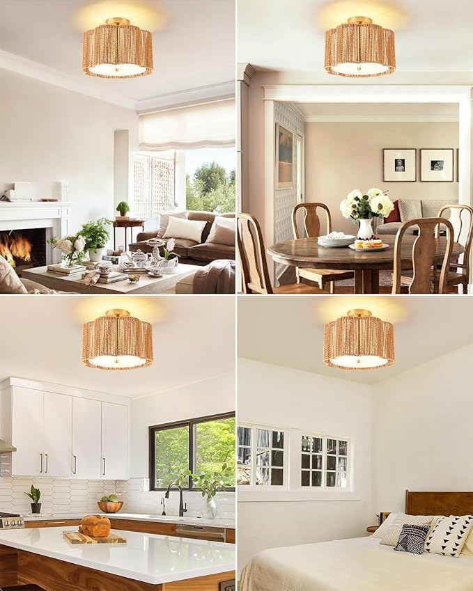 WILON Boho Light Fixture Ceiling Mount, 3-Light Rattan Light Fixture with Fabric Shade, Modern Woven Flower Semi Flush Mount Ceiling Light Fixture for Hallway Entryway Bedroom Nursery Kitchen
