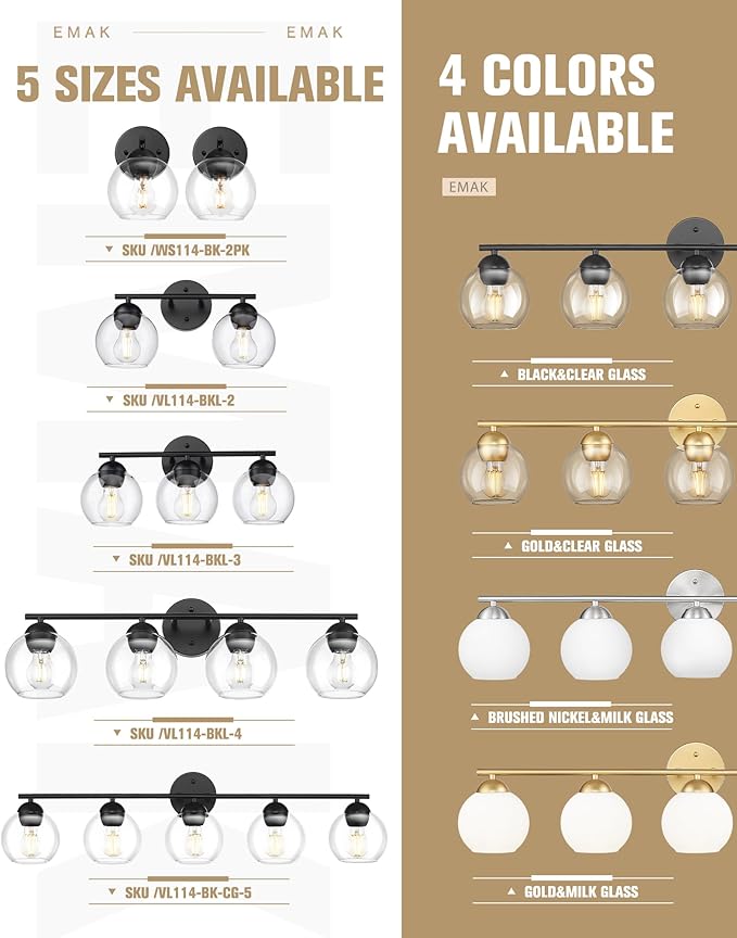 Emak 37 Inch Black Bathroom Light Fixtures Over Mirror, Modern 5-Light Vanity Lights with Clear Glass Shade, Farmhouse Globe Vanity Light for Bathroom, VL114-BK-CG-5