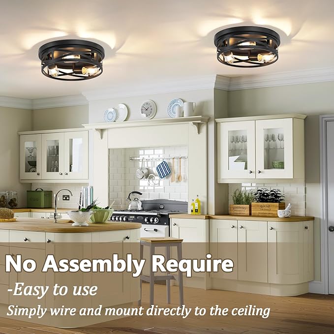13-Inch Farmhouse Ceiling Light Fixture, 3-Light Flush Mount Light Fixture, Kitchen Lighting Fixtures Ceiling with Adjustable Head, Black Light Fixture for Bedroom Hallway Kitchen Entryway (1-Pack)