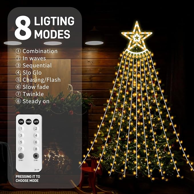 350 LED Christmas Decorations Star String Lights Waterproof Waterfall StarLights 8 Light Modes Remote & Timer,Waterproof Seasonal Lighting Decor for Home Xmas Tree Yard Wedding Party (Warm White)