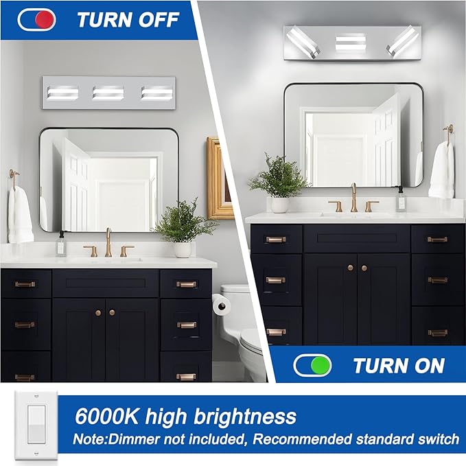 IZORRO LED Modern Bathroom Lights Fixtures(3-Light,Dimmable,360°Rotate),Chrome Acrylic Wall Lighting,Vanity Lights for Bathroom Over Mirror - 6000k 16In （No Assembly Required）