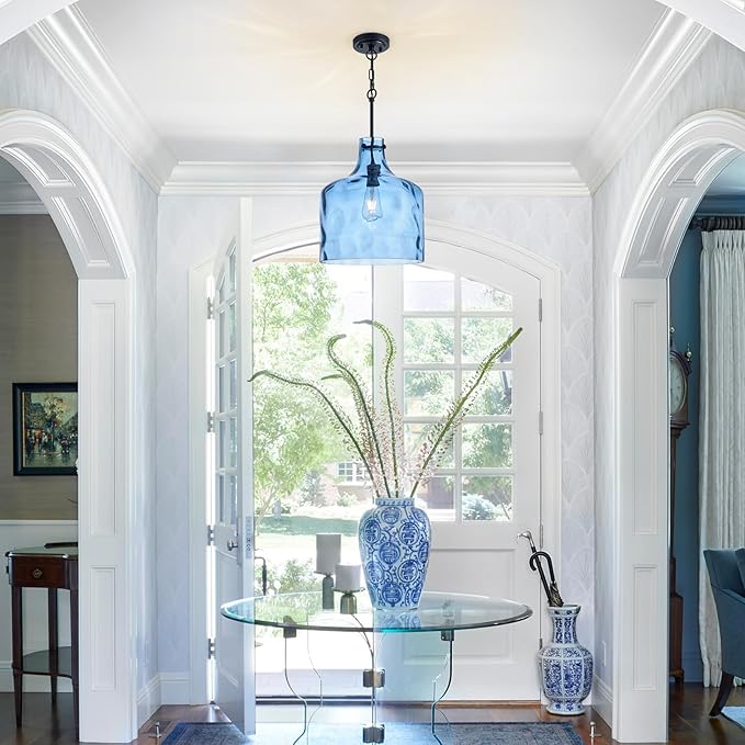 Farmhouse Pendant Light – Hand-Blown Blue Hammered Glass Shade, Black Finish, E26 Socket, Adjustable Chain Hanging Light Fixture for Kitchen Island, Dining Room & Hallway, 15" H x 12" D