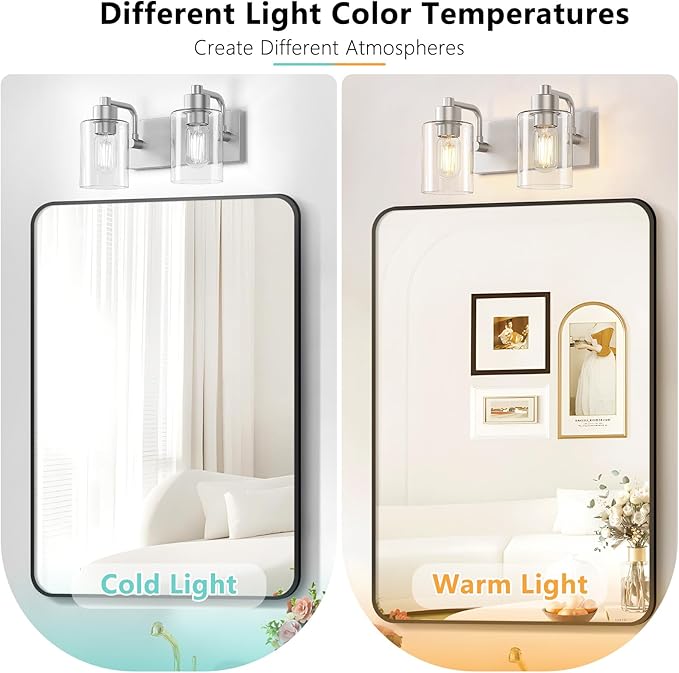 Dpyrrhic Brushed Nickel Bathroom Light Fixtures, Wall Mounted 2-Light Bathroom Lights Over Mirror with Clear Glass Shade,Wall Sconces for Kitchen Living Room Bedroom