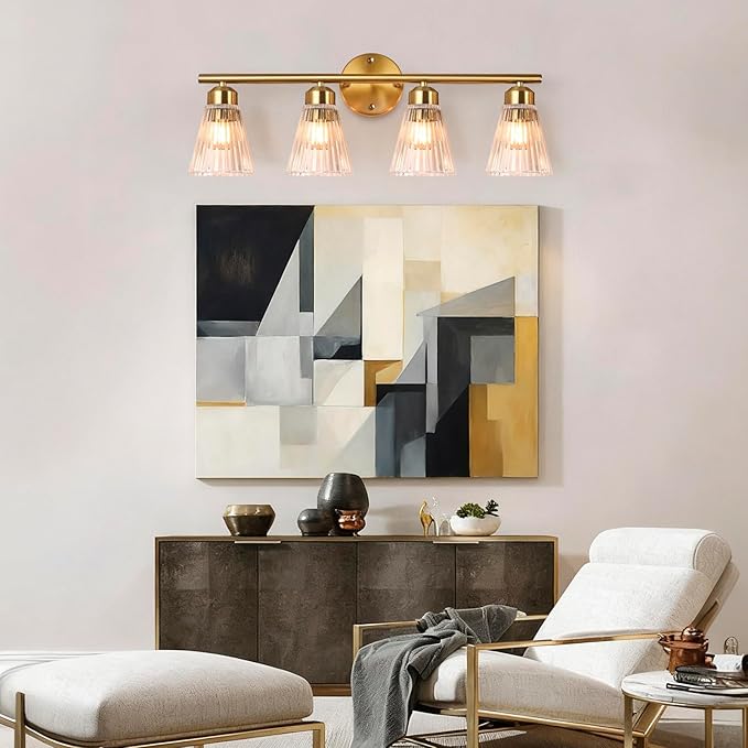 4-Light Bathroom Vanity Light, Brushed Gold Bathroom Light Fixtures Over Mirror with Stripe Glass, Modern Wall Lamp, Wall Sconces Lighting for Living Room Bedroom Kitchen Hallway