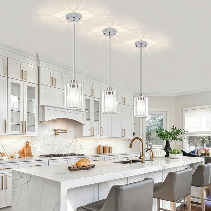 3-Pack Chrome Pendant Lights Kitchen Island Modern Crystal Hanging Pendant Light Hexagonal Mini Chandelier Adjustable Hanging Kitchen Lights for Dining Room Hallway Bedroom Entryway Light Fixture