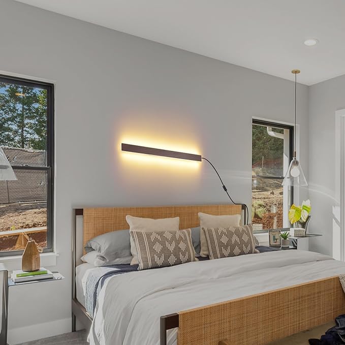 Farmhouse Plug in Wall Sconces, 23.6 inch Faux Walnut Finish LED Long Wall Lights, 12W Warm White 3000K Acrylic Indoor Wall lamp,with 59" Plug Cable for Bedroom, Living Room, Bathroom Makeup, Hallway