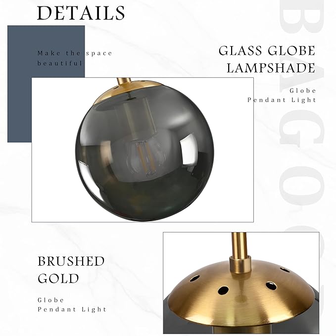 Bagood 6 Inch Globe Pendant Light Gold Globe Pendant Lights Kitchen Island Mid Century Light Fixture with Gray Clear Glass Contemporary Adjustable Hanging Lights for Dining Room (Bulb Included)