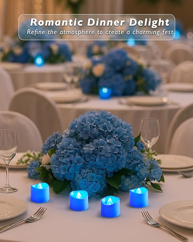 Raycare 24 Pack Blue Battery Operated Tea Lights, 200+Hour Electric Flickering Flameless Candles, Realistic Votive LED Tea Lights for Wedding Party Table Thanksgiving Christmas Decorations
