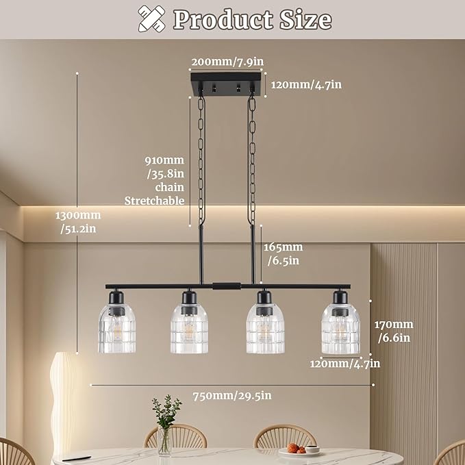 FRIXCHUR Black Kitchen Island Lighting, 4-Lights Linear Chandelier Pendant Light with Clear Glass Shade, Height Adjustable Industrial Chandelier Pendant Light for Kitchen Island Dining Room