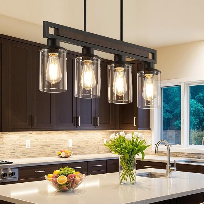 Farmhouse Dining Room Light Fixture, 4-Light Wood Kitchen Island Lighting for Dining Room Over Table, Black Adjustable Pendant Light with Clear Glass Shades, Linear Chandeliers Lighting for Kitchen