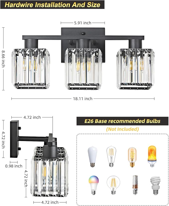 OKELI 3-Light Bathroom Light Fixtures, Modern Black Crystal Wall Light for Bathroom,Lighting Fixtures Over Mirror