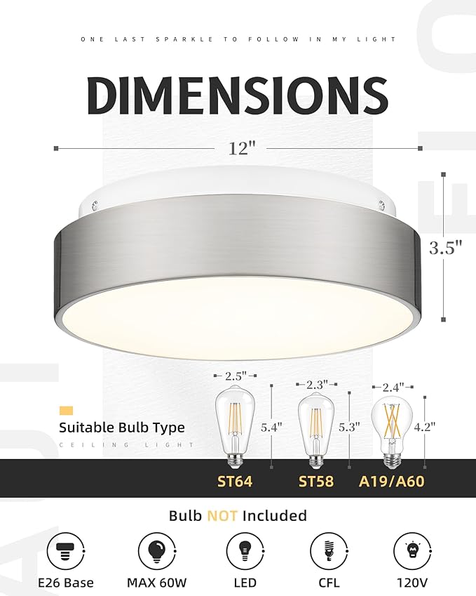 AUTELO 12" Flush Mount Ceiling Light Fixture, Frosted Glass Shade 2-Light Close to Ceiling Light Fixture in Brushed Nickel Finish, for Living Room Hallway Bedroom C3312 ST