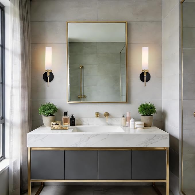 LaLuLa Wall Sconce Set of 2, Black and Gold Vanity Lights for Bathroom, Knurled Detail, Frosted Glass Cylinder Shade, E26 Base, Hardwired, Up or Down Mount, for Hallway, Bedroom, Living Room