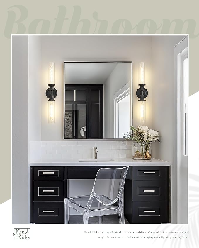 Ken & Ricky 24" Bathroom Light Fixtures, Black Wall Sconce with Clear Glass Shade, Bathroom Vanity Lights Over Mirror for Living Room Bedroom Kitchen Hallway, KR3376-W-BK-1PK