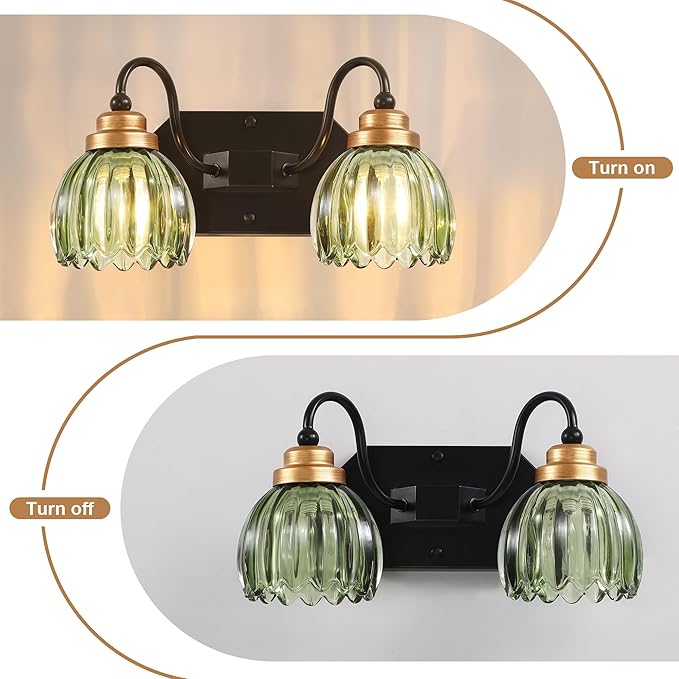Vintage Bathroom Vanity Light, 2 Light Bathroom Lighting Fixtures Over Mirror, Mid Century Style Farmhouse Light Fixtures with Green Glass Shades, Black Finish Wall Mount for Bedroom , Living Room