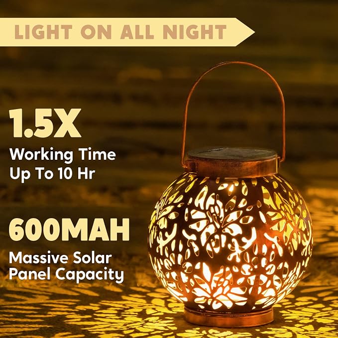 JOIEDOMI 2 Pack Outdoor Solar Hanging Lantern Lights, Waterproof Tabletop with Handle, LED Moroccan Lanterns, Metal Decorative Garden Solar Lights Spring for Patio, Lawn, Porch, Backyard