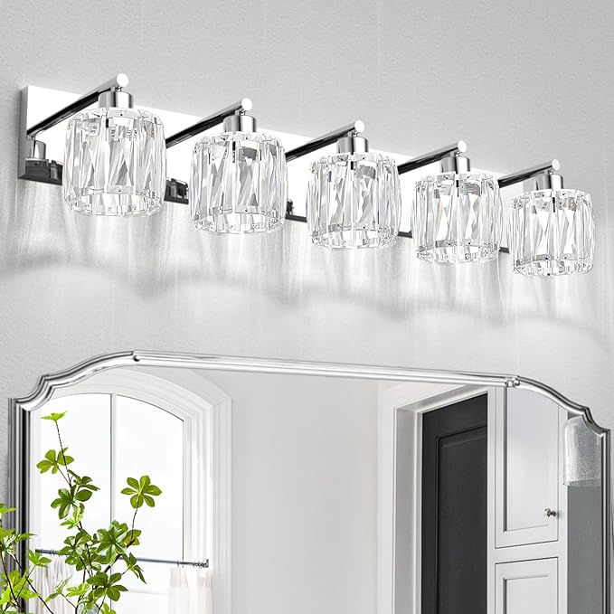 VOLISUN Crystal Vanity Lights for Bathroom, 5 Light Modern Stainless Steel Bathroom Light Fixtures Over Mirror, Chrome with Glass Lampshade - UL Certificated (Exclude Bulb)