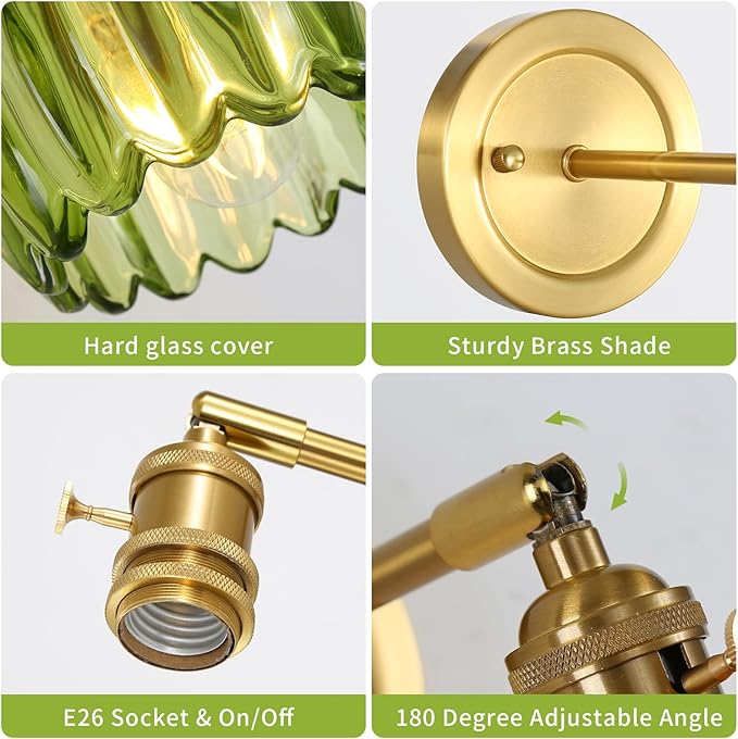 Vintage Wall Sconces Set of 2 Corded Wall Sconce Indoor Wall Mount Lamp with Tulip Glass Shade 180°Adjustable Victorian Art Wall Light with Twist Switch for Bedside Doorway (Green, Hardwired)