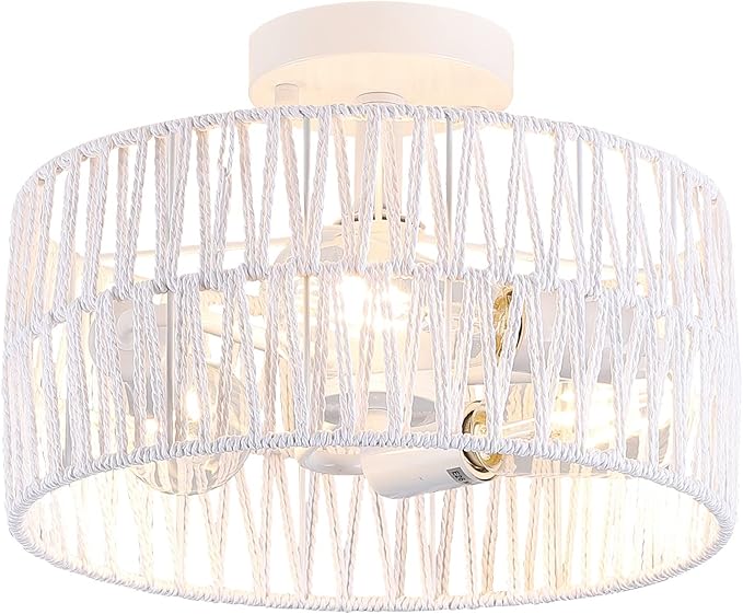 3-Light Coastal White Woven Flush Mount Light Fixture Boho Hemp Rope Semi Flush Mount Ceiling Light for Hallway Bedroom Kitchen Entryway Farmhouse Living Room, White