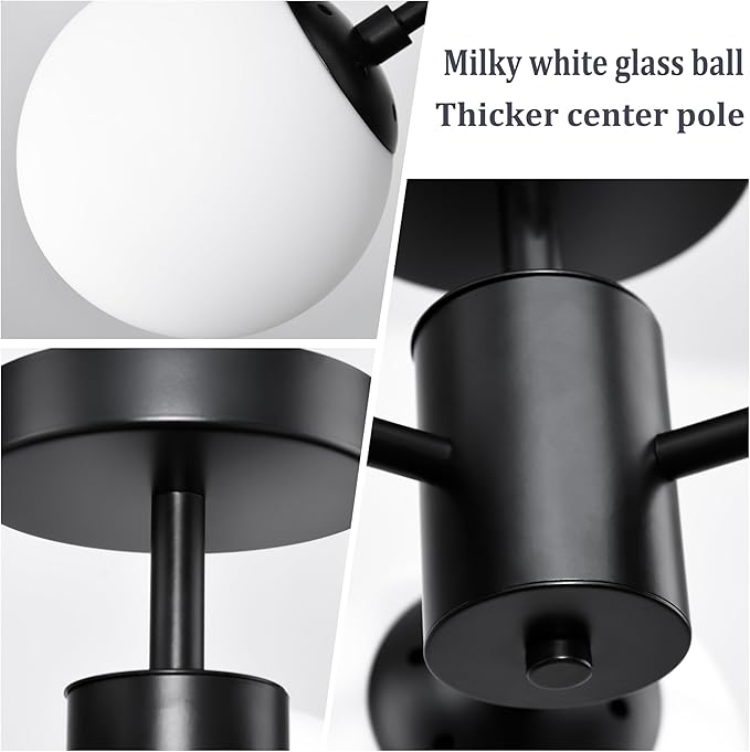 Mid Century Modern Black Semi Flush Mount Ceiling Lights 3-Light Frosted Globe Glass Black Chandelier Modern Light Fixtures Ceiling Light Fixture for Bedroom Living Room Entryway (Bulb Incl.)