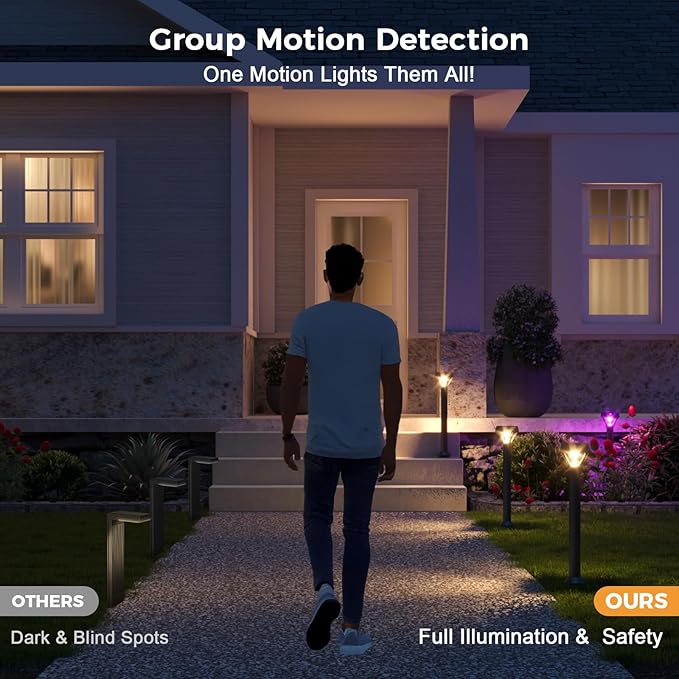 XMCOSY+ Smart Solar Pathway Lights, Bluetooth APP Control with Motion Sensor, 150LM RGBCW Color Changing Landscape Lighting for Yard, Garage, Garden, Lawn, IP65 Waterproof, 4 Pack