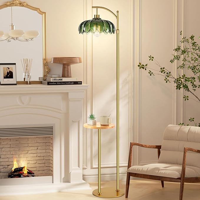 QIYIZM Gold Floor Lamp with Table and Shelves for Living Room Bedroom,Glass Standing Lamp with Remote Dimmable,Boho Brass Tall Lamp Vintage Farmhouse Arc Flower Floor Light Bohemian