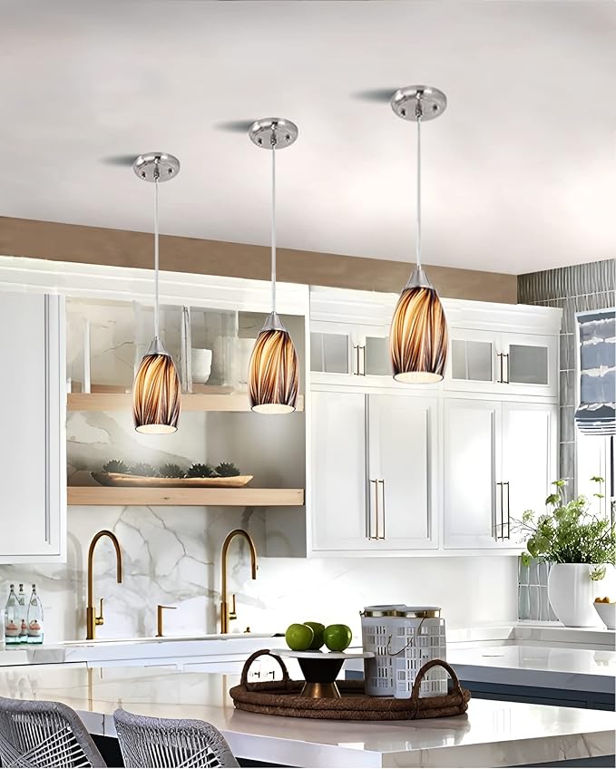 karyfine Mini Pendant Lights Kitchen Island,Blown Art Glass Pendant Light Fixtures with Brush Nickel Finish Coffee Brown Hanging Lamp Shade for Kitchen Over Sink,Hallway,Bathroom Dining Room