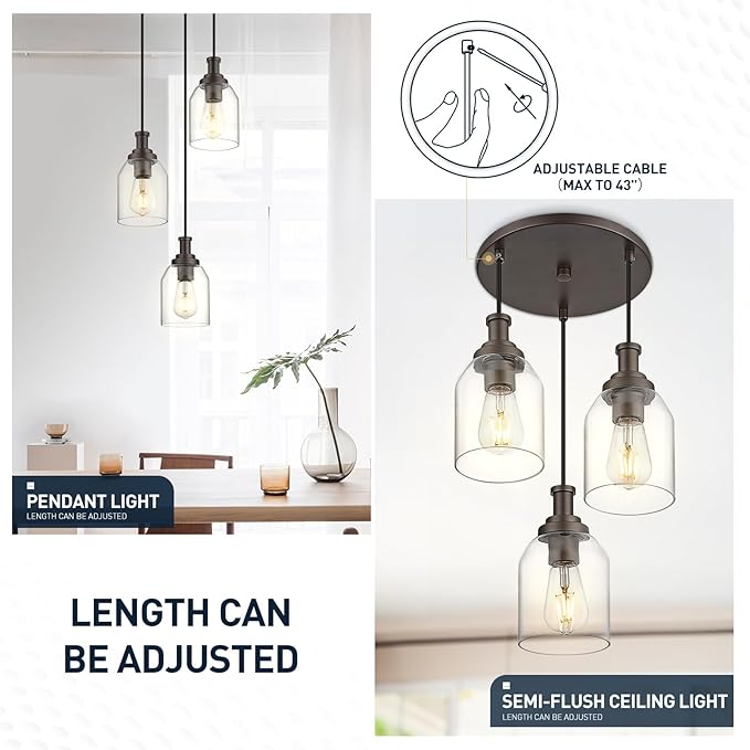 zeyu 3-Light Pendant Lighting, Adjustable Farmhouse Cluster Pendant Light for Kitchen Dining Room, Oil Rubbed Bronze Finish with Clear Glass Shade, ZG33-3 ORB