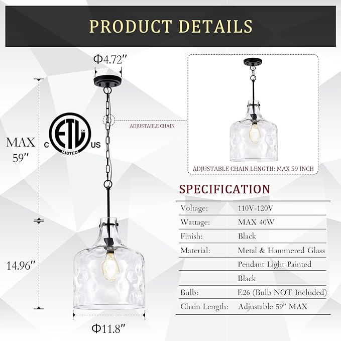 CATINER Extra Large 16" Vintage Farmhouse Pendant Light – Hand-Blown Clear Hammered Glass Shade, Adjustable Chain, Hanging Light for Kitchen Island, Dining Room, Hallway, Black Finish