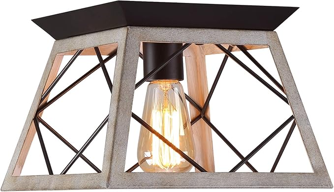 Q&S Rustic Farmhouse Ceiling Light Fixture Flush Mount Vintage Ceiling Lights for Hallway Entryway Kitchen Dining Room Bedroom,Wrought Iron Oak White and ORB 1 Light E26
