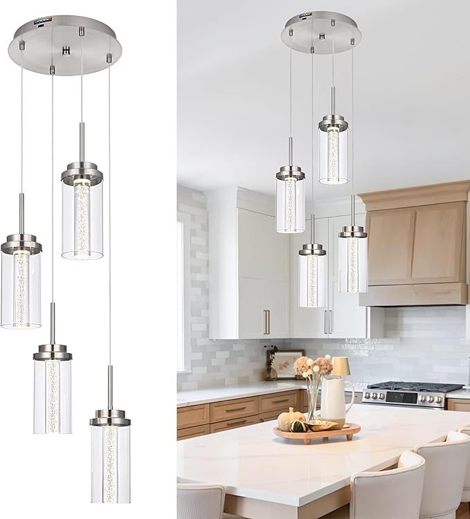 MELUCEE Modern LED Pendant Light Fixtures 4-Light Kitchen Pendant Lights with 3000K-6000K Adjustable Color Temperature Brushed Nickel Ceiling Hanging Lamp for Dining Room Bedroom Kitchen Island