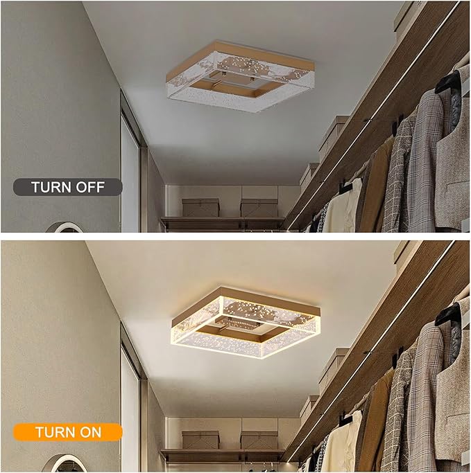 Qcyuui LED Ceiling Light Flush Mount 11.81in 20W Square LED Ceiling Lamp with Clear Bubble Acrylic Modern Led Ceiling Light for Kitchen Hallway Closet Living Room Bedroom, Gold, 3000K Dimmable