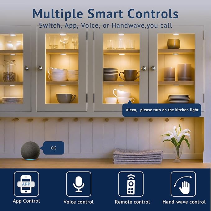 V4light Smart Under Cabinet Lights, Plug-in Puck Lighting with App, Voice & Motion Control, Dimmable 2700K–6500K, Compatible with Alexa & Google Home, Kitchen, Closet & Shelf Lighting(8 Pack)