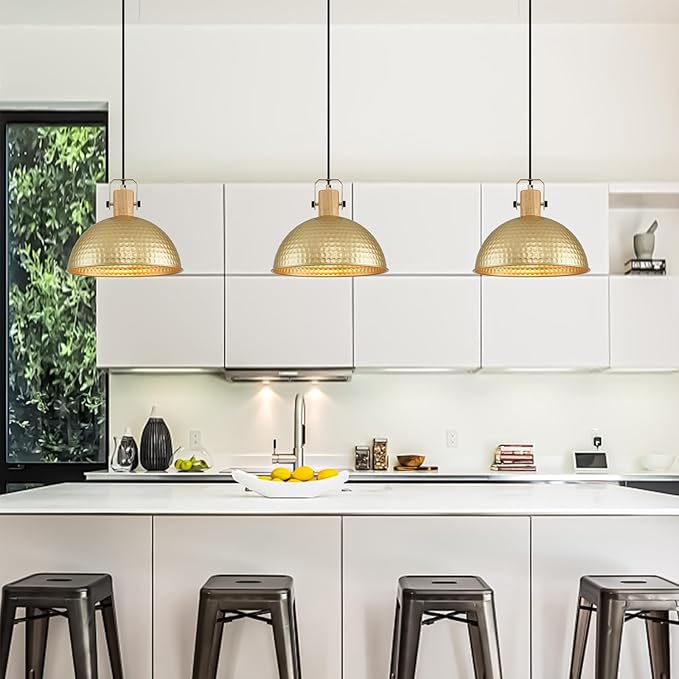 12 Inch Gold Pendant Lights Hammered Matte Pendant Lights for Kitchen Island Industrial Farmhouse Adjustable Height Dome Hanging Light Fixtures for Barn, Dining Room 2 Packs