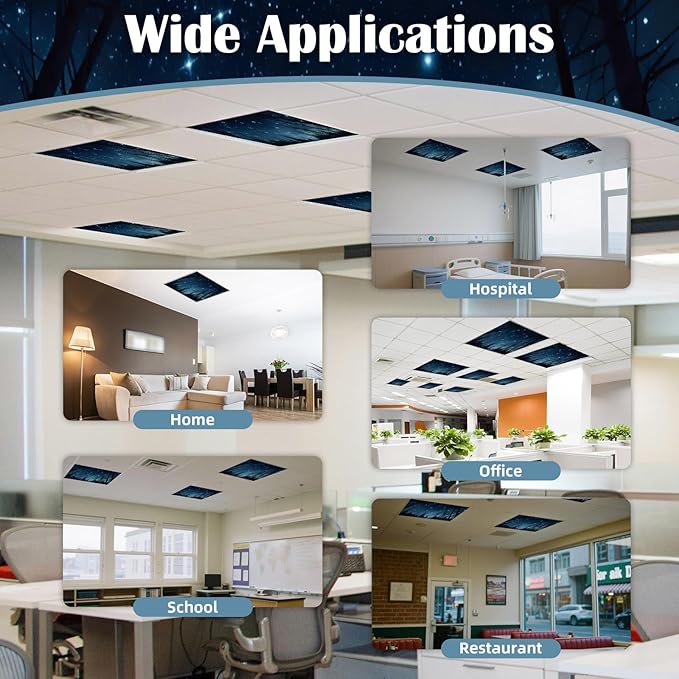 ANGSYLTH 2 x 2 Feet Fluorescent Light Covers - 4 Pcs Covers for Ceiling Lights, Magnetic Light Filters for Classroom, Office, Hospitals, Home (Forests & Starry Sky)