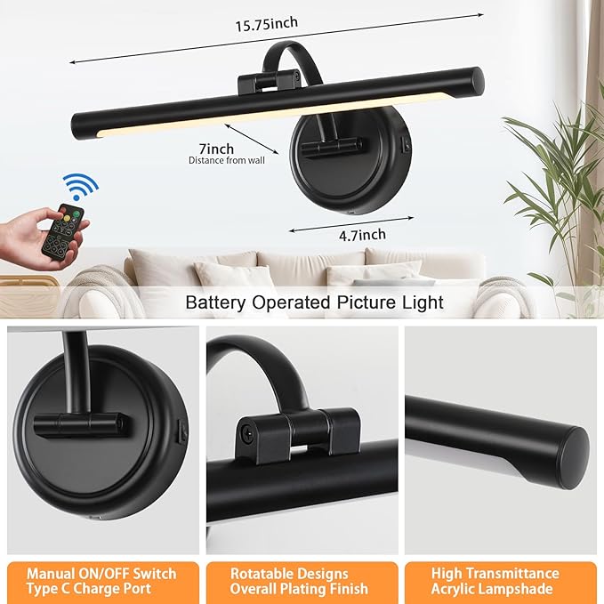 Tassuowell Rechargeable Picture Light for Wall, Cordless Art Lights Battery Operated, Dimmable Wall Light with Remote & Timer, 3 Color Modes for Paintings, Gallery, Artwork(Black, 15.7inch)