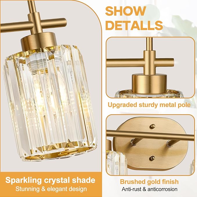 Modern Crystal Bathroom Vanity Light, 2-Light Brushed Gold Bathroom Light Fixtures with Clear Shades, Vanity Lighting Fixtures Over Mirror (Exclude Bulb)