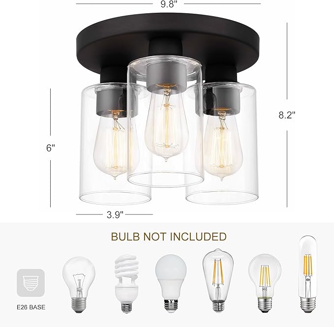 Debo Modern Farmhouse 3-Light Flush Mount Ceiling Light Fixture with Clear Glass Shade in Dark Bronze Finish for Hallway, Entryway, Passway, Bedroom, Garage, Kitchen, Balcony Living Room