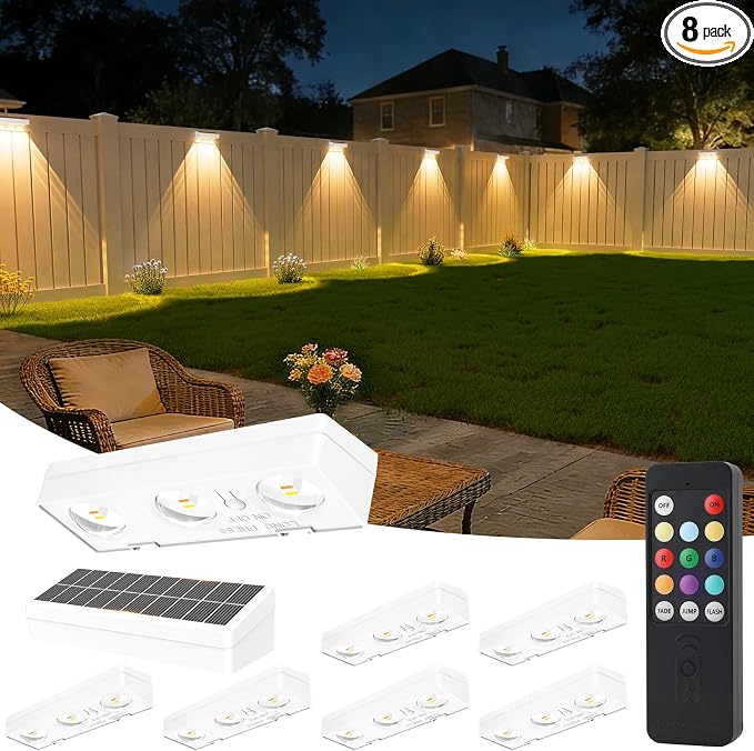 JOFIOS Solar Fence Lights with Remote 8 Pack, Color Changing RGB & Warm White, 12 Dynamic Modes, IP65 Waterproof, Solar Lights for Fence, Deck, Backyard, Patio Holiday & Party Decoration(White)