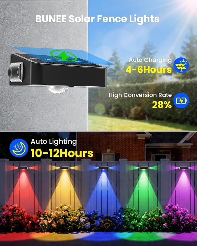 Waterproof Solar Fence Lights Outdoor 8 Pack 12 RGB Color Changing Mode Decorative LED 3-Sided Solar Powered Landscape Wall Lighting, Decor for Outside Patio Step Backyard Deck Railing Pool