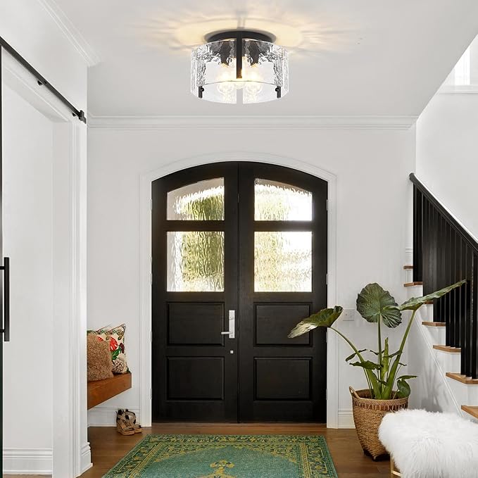 15'' Modern Black Semi Flush Mount Ceiling Light, Hallway Light Fixtures, 3-Light Glass Ceiling Lights for Entryway Kitchen Island Dining Room Foyer Bedroom Laundry Room Bathroom Lighting Fixtures