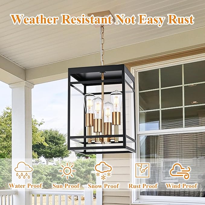 VINLUZ 16" Outdoor Pendant Light with Adjustable Chain, 4-Light Black and Gold Finish Outdoor Hanging Light Fixture, Exterior Hanging Lantern Chandelier for Entryway Patio Garden