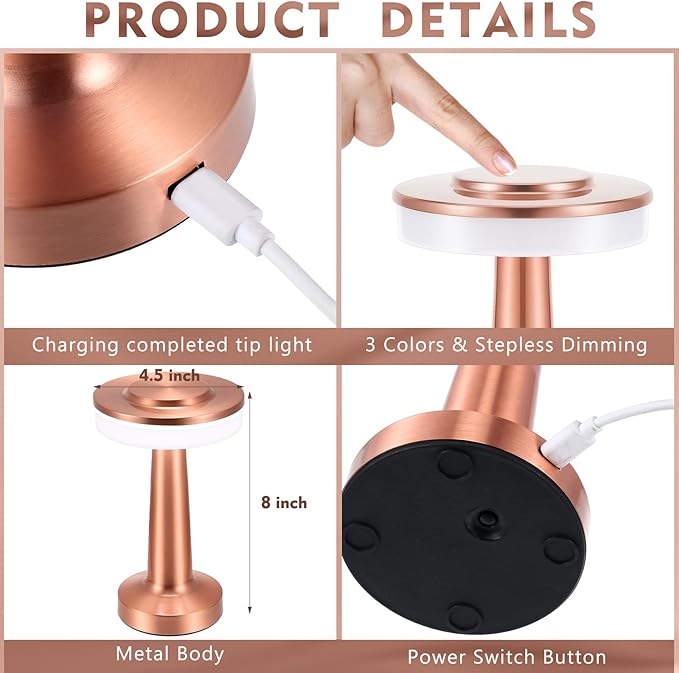 Riakrum 2 Pcs LED Portable Cordless Table Lamp with Touch Sensor 3 Color Stepless Dimming Rechargeable Battery up to 15 Hours Cordless Table Light Wireless Lamp for Nursery (Rose Gold)