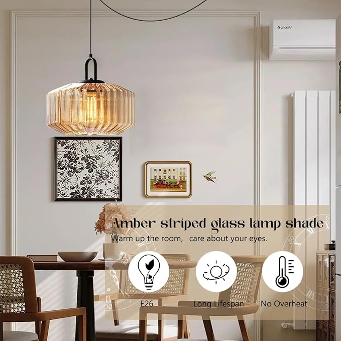 Amber Plug in Pendant Light, Hanging Lamps for Living Room Plug in Glass Globe Pendant Light, Modern Plug in Cord Pendant Hanging Light with 14.7 ft Cord On/Off Switch Striped Glass Shade