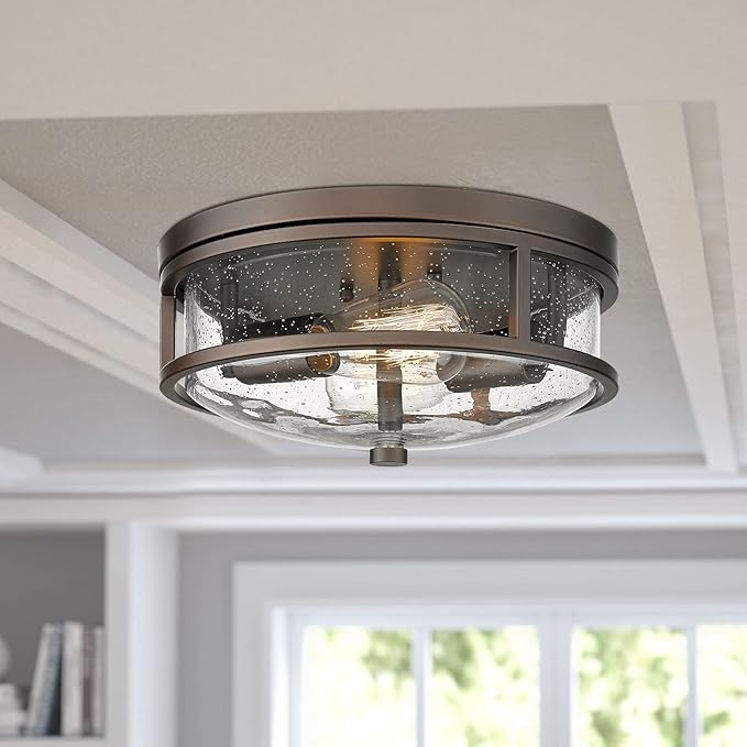 Flush Mount Ceiling Light Fixture, 12 inch 2-Light Modern Farmhouse Ceiling Light with Seeded Glass for Bedroom, Entryway, Kitchen Hallway, ROS88 ORB